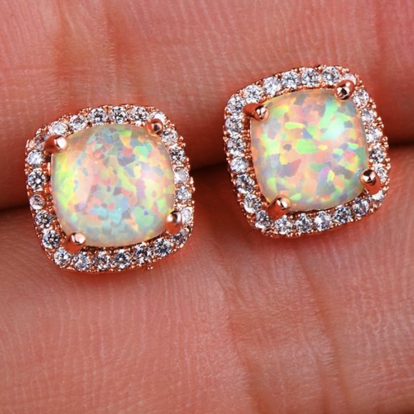 LiveChicStyle Jewelry - NEW 18K Rose Gold White Opal Diamond Halo Earrings